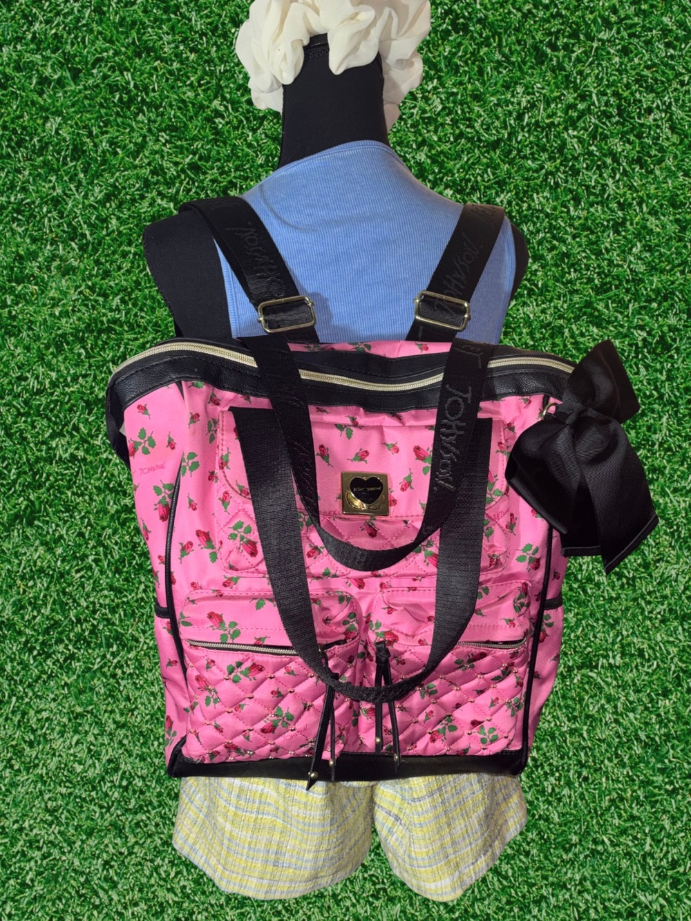 Betsey Johnson Pink Rose Floral Convertible Backpack Tote Bag Quilted Bow